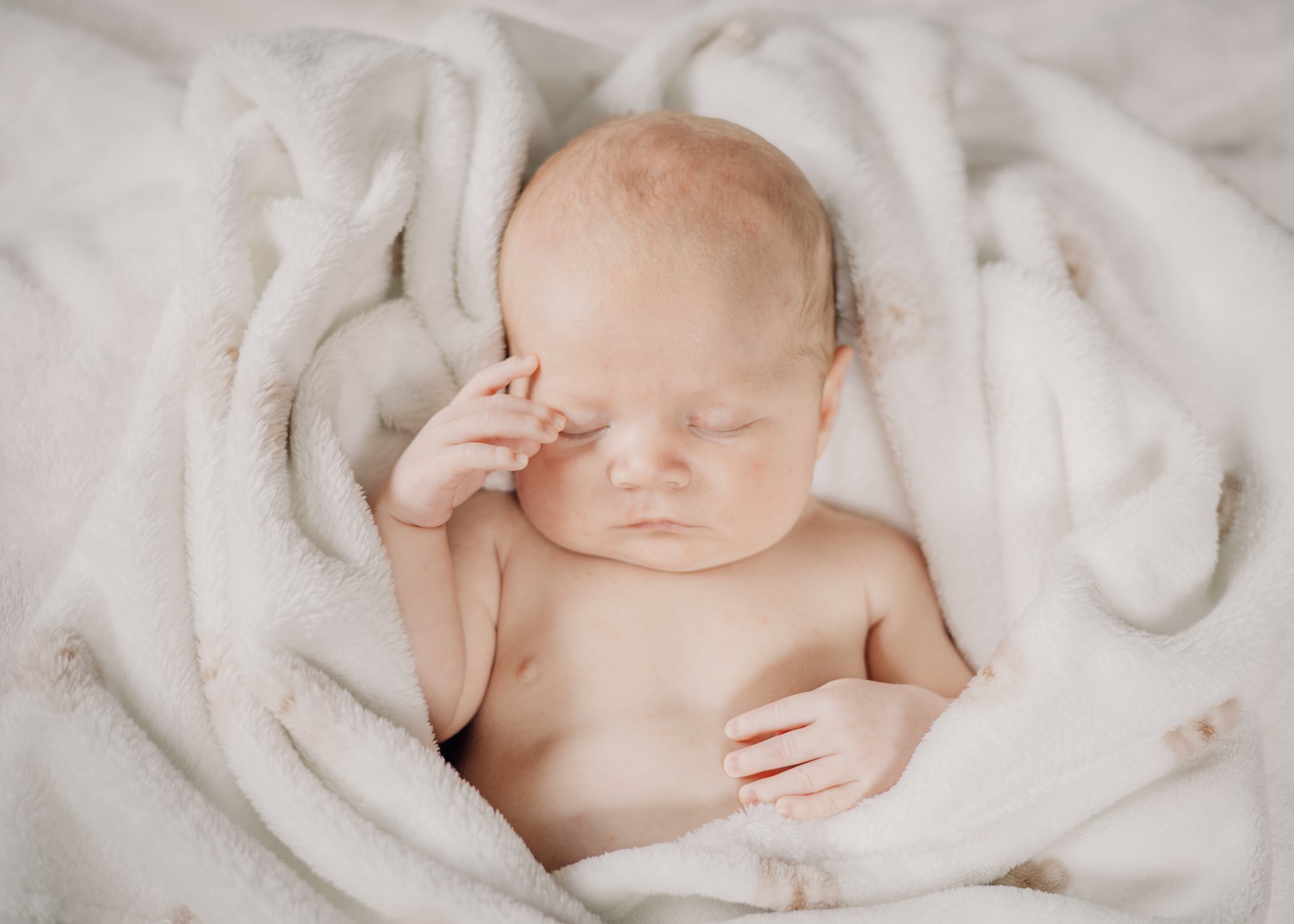 Newborn baby sleeping softly in a white blanket