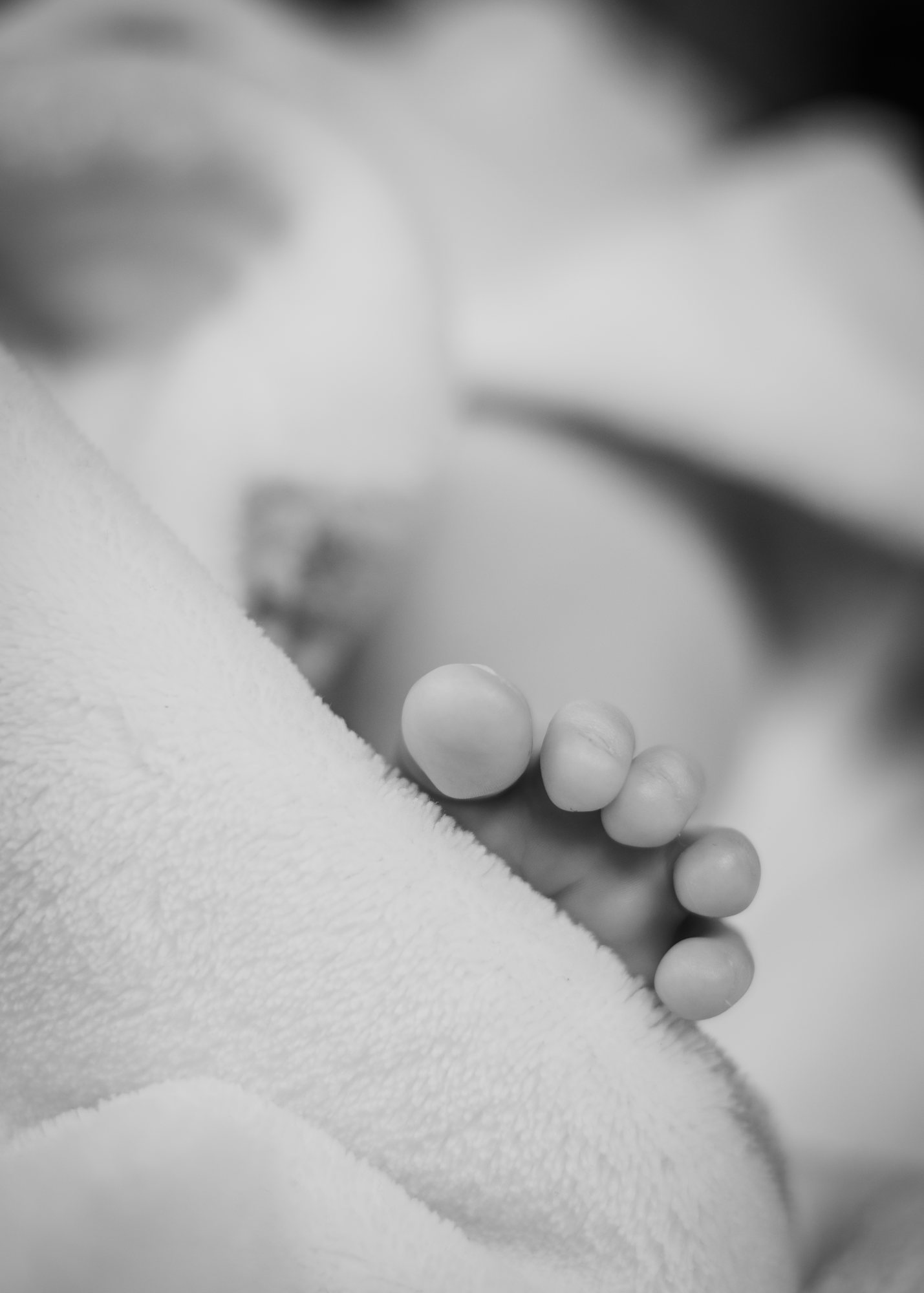 Black-and-white close-up of a newborn’s hand